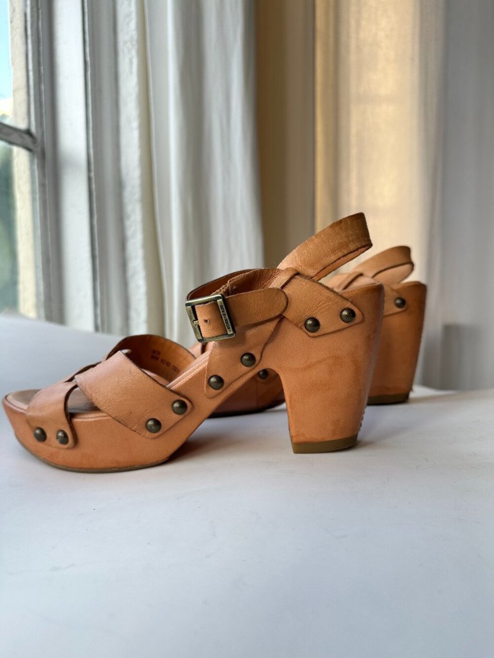 Kork-Ease Tan Leather Studded Platform Block Heel Sandals